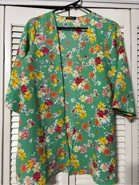 HEIMISH USA Mint Green Floral Kimono with Yellow & Pink Accents